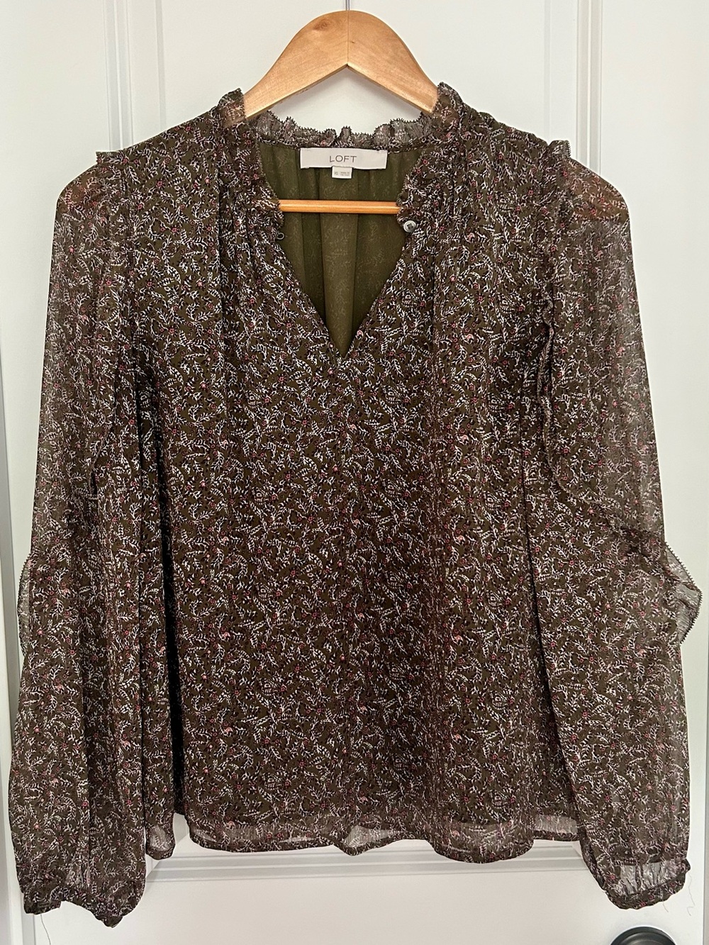 LOFT Olive Green Floral Sheer V-Neck Long Sleeve Blouse
